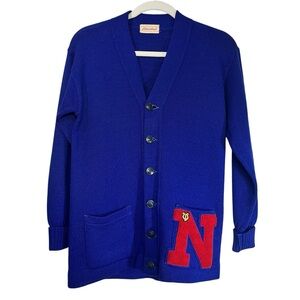Vintage Lincolnit 100% Wool Blue Varsity Letterman Cardigan Sweater